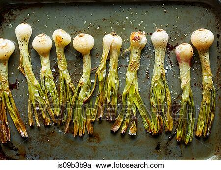 Stock Image - Overhead view of roasted whole spring onions in roasting tin. Fotosearch