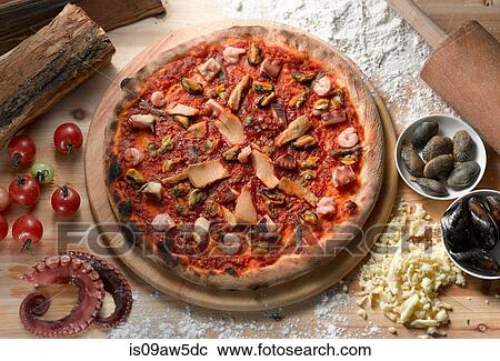 Overhead view of seafood pizza View Large Photo Image Stock Image - Overhead view of seafood pizza. Fotosearch