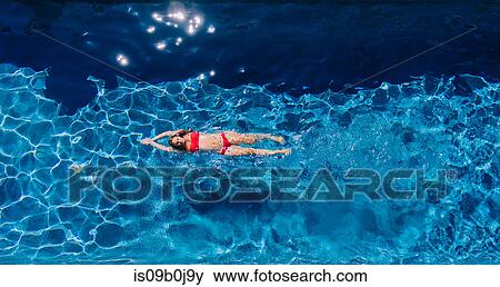 Overhead view of woman swimming on back in swimming pool View Large Photo Image Stock Photo - Overhead view of woman swimming on back in swimming pool. Fotosearch