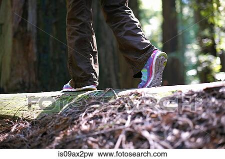 Stock Photo - Person balance walking in forest. Fotosearch