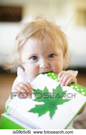 Portrait of baby girl chewing book View Large Photo Image Stock Image - Portrait of baby girl chewing book. Fotosearch