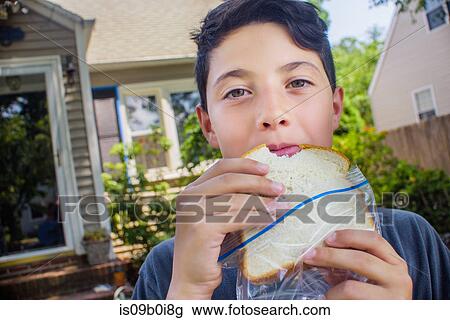 Portrait of cute boy eating sandwich in garden View Large Photo Image Stock Image - Portrait of cute boy eating sandwich in garden. Fotosearch