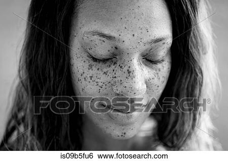 Portrait of freckled woman with eyes closed View Large Photo Image Stock Photograph - Portrait of freckled woman with eyes closed. Fotosearch
