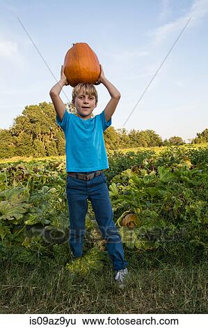 Stock Photograph - Portrait of young boy, holding pumpkin on head. Fotosearch