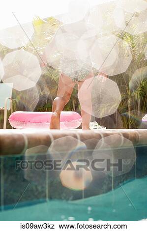 Rear view of female toddler toddling on sunlit poolside View Large Photo Image Stock Photo - Rear view of female toddler toddling on sunlit poolside. Fotosearch