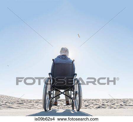 Picture - Rear view of senior man in wheelchair looking out from beach, Playa del Ray, California, USA. Fotosearch