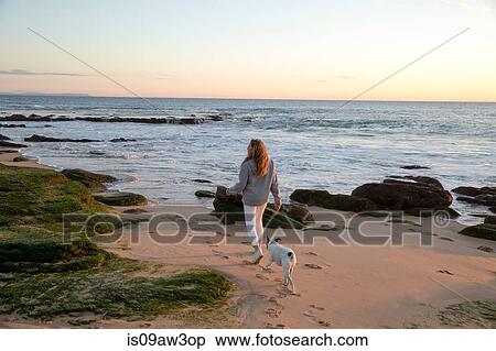 Rear view of woman walking dog along rocky beach, Cape of Trafalgar, Spain View Large Photo Image Stock Photography - Rear view of woman walking dog along rocky beach, Cape of Trafalgar, Spain. Fotosearch