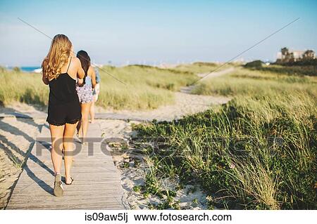Rear view of women at beach walking on coastal path View Large Photo Image Stock Image - Rear view of women at beach walking on coastal path. Fotosearch