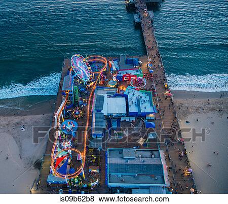 Stock Photo - Rides at amusement park, overhead view, Santa Monica, California, USA. Fotosearch