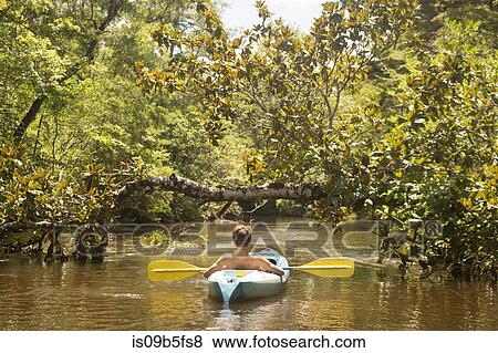 Stock Photo - Teenage boy in kayak, Econfina Creek, Youngstown, Florida, USA. Fotosearch
