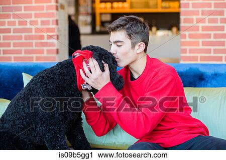 Teenage boy playing with pet dog on sofa View Large Photo Image Stock Image - Teenage boy playing with pet dog on sofa. Fotosearch
