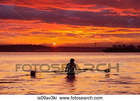 Teenage boy sculling at sunset View Large Photo Image Stock Image - Teenage boy sculling at sunset. Fotosearch