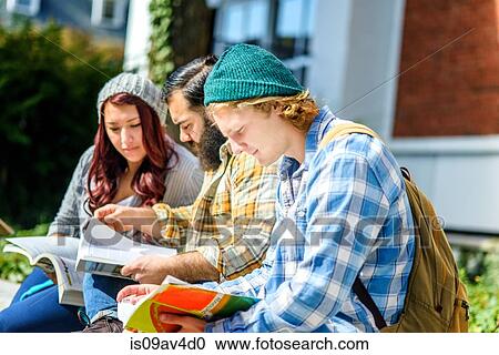 Three adult college students reading books on campus wall View Large Photo Image Stock Image - Three adult college students reading books on campus wall. Fotosearch