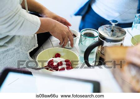 Two female friends, in kitchen, making breakfast, mid section View Large Photo Image Stock Photograph - Two female friends, in kitchen, making breakfast, mid section. Fotosearch