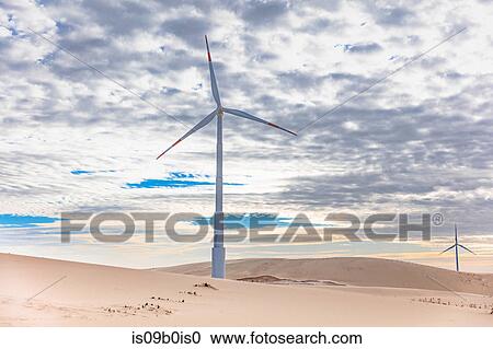 Two wind turbines in desert landscape, Taiba, Ceara, Brazil View Large Photo Image Stock Image - Two wind turbines in desert landscape, Taiba, Ceara, Brazil. Fotosearch