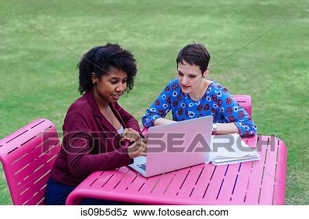 Two women sitting outdoors, looking at laptop View Large Photo Image Stock Photo - Two women sitting outdoors, looking at laptop. Fotosearch