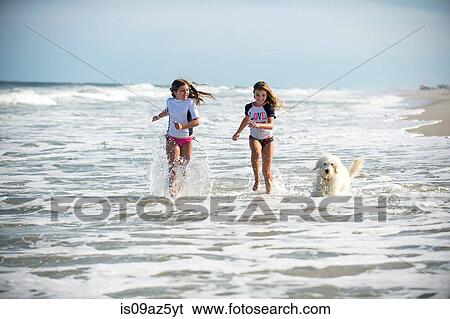 Two young girls running through sea with dog View Large Photo Image Stock Photograph - Two young girls running through sea with dog. Fotosearch
