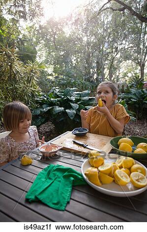 Two young sisters tasting and preparing lemons for lemonade at garden table View Large Photo Image Stock Image - Two young sisters tasting and preparing lemons for lemonade at garden table. Fotosearch