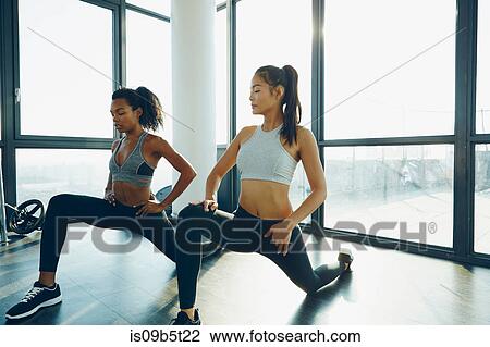 Stock Image - Two young women exercising in gym, doing lunges. Fotosearch