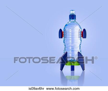 Upright water bottle rocket with blue background View Large Photo Image Stock Photography - Upright water bottle rocket with blue background. Fotosearch