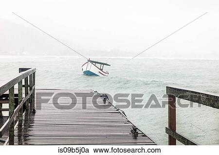 Stock Image - View of fishing boats in sea from pier, Florianopolis, Santa Catarina, Brazil. Fotosearch
