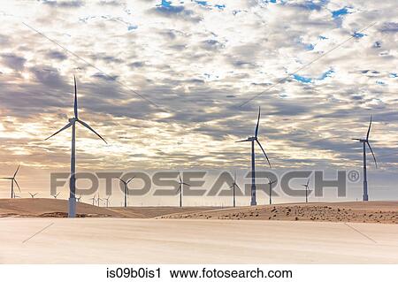 Wind turbines in desert landscape, Taiba, Ceara, Brazil View Large Photo Image Stock Image - Wind turbines in desert landscape, Taiba, Ceara, Brazil. Fotosearch