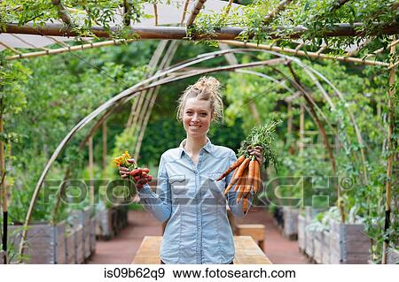 Stock Photo - Woman in garden holding bunches of carrots smiling. Fotosearch