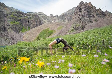 Woman practising yoga on meadow, Aspen, Colorado View Large Photo Image Stock Photo - Woman practising yoga on meadow, Aspen, Colorado. Fotosearch
