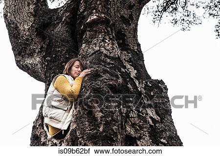 Woman sitting in tree, hugging tree View Large Photo Image Stock Image - Woman sitting in tree, hugging tree. Fotosearch