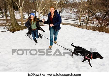 Young couple running with dog in snowy Central Park, New York, USA View Large Photo Image Stock Image - Young couple running with dog in snowy Central Park, New York, USA. Fotosearch