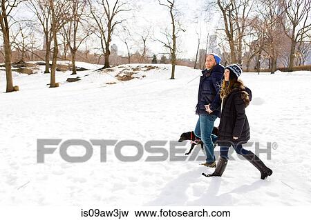 Young couple strolling in snow with dog, Central Park, New York, USA View Large Photo Image Stock Photo - Young couple strolling in snow with dog, Central Park, New York, USA. Fotosearch