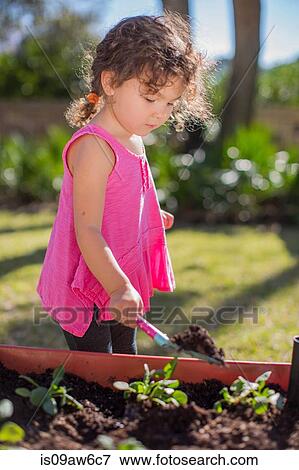 Young girl in garden, digging with trowel View Large Photo Image Stock Photo - Young girl in garden, digging with trowel. Fotosearch