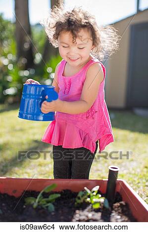Young girl in garden, holding watering can, watering plants in tub, smiling View Large Photo Image Picture - Young girl in garden, holding watering can, watering plants in tub, smiling. Fotosearch