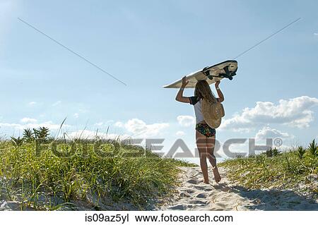 Stock Image - Young girl walking on sand dunes, carrying surfboard, rear view. Fotosearch