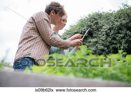 Stock Photo - Young man and woman in urban garden, photographing plants using digital tablet, low angle view. Fotosearch