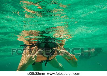 Picture - Young man and woman snorkelling, underwater view, Nangyuan Island, Thailand. Fotosearch