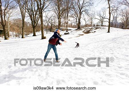 Young man playing with dog in snowy Central Park, New York, USA View Large Photo Image Picture - Young man playing with dog in snowy Central Park, New York, USA. Fotosearch