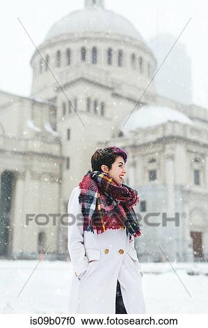 Young woman standing in front of the Christian Science Centre and Prudential building with snow, Boston, Massachusetts, USA View Large Photo Image Stock Image - Young woman standing in front of the Christian Science Centre and Prudential building with snow, Boston, Massachusetts, USA. Fotosearch