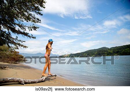 Young woman wearing bikini balancing on tree branch at beach, Nehalem Bay, Oregon, USA View Large Photo Image Stock Image - Young woman wearing bikini balancing on tree branch at beach, Nehalem Bay, Oregon, USA. Fotosearch