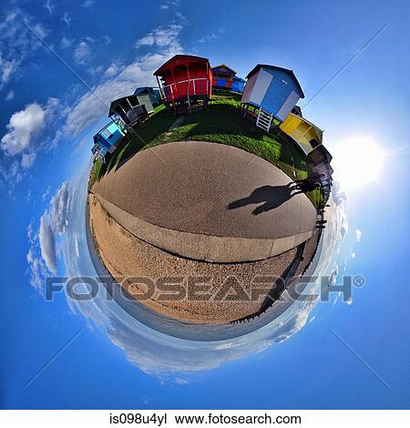 Beach huts and coast with little planet effect View Large Photo Image Stock Image - Beach huts and coast with little planet effect. Fotosearch