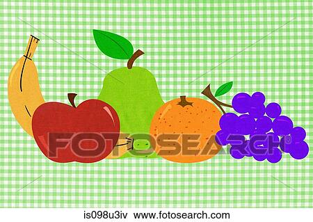 Stock Photo - Fruit on green gingham background. Fotosearch