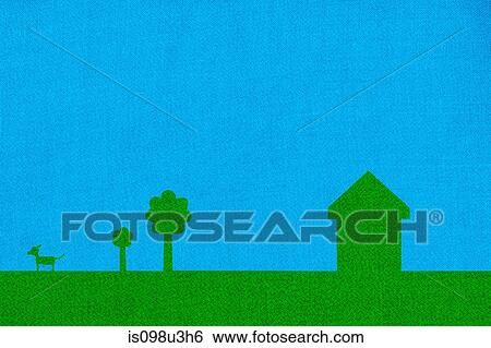 Stock Photograph - Green coloured house with trees and dog. Fotosearch