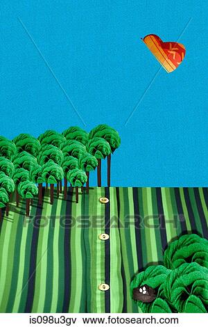 Green striped field with forest and butterfly View Large Photo Image Stock Photo - Green striped field with forest and butterfly. Fotosearch