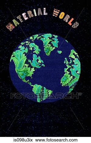 Stock Photo - Patchwork earth with the words Material World. Fotosearch