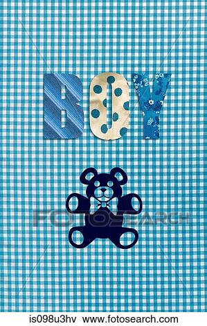 Teddy bear and the word Boy on blue gingham background View Large Photo Image Stock Photo - Teddy bear and the word Boy on blue gingham background. Fotosearch