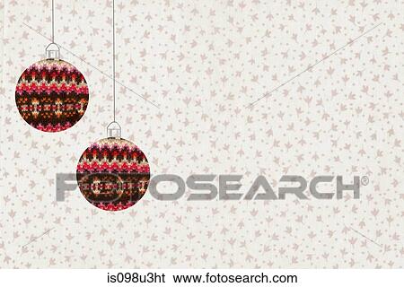 Two Christmas baubles hanging against floral background View Large Photo Image Stock Photograph - Two Christmas baubles hanging against floral background. Fotosearch