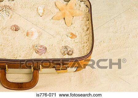 Stock Image - Starfish shells and sand in a suitcase. Fotosearch