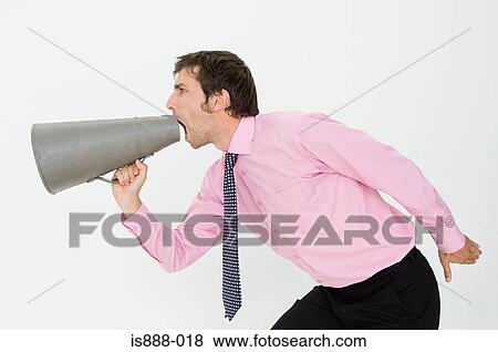 Man using megaphone View Large Photo Image Stock Photo - Man using megaphone. Fotosearch