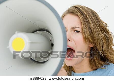 Stock Photo - Woman using loudspeaker. Fotosearch