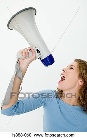 Stock Photo - Woman using loudspeaker. Fotosearch